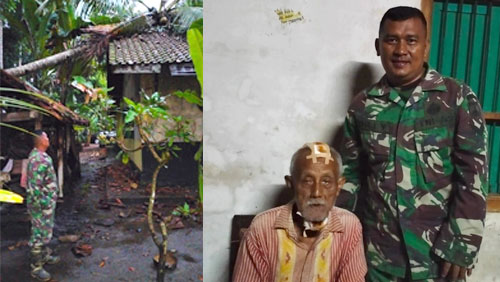 Pohon kelapa tumbang timpa rumah Jamal, warga Desa Tepus Kulon RT 02 RW 06, Kecamatan Kutoarjo, Kabupaten Purworejo, Jawa Tengah