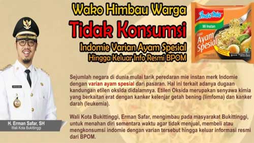 Wako Bukittinggi Imbau Warga Jangan Konsumsi Indomie Varian Ayam Spesial
