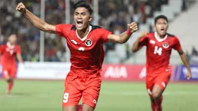Selebrasi Ramadhan Sananta usai membobol gawang Thailand di Final SEA Games 2023