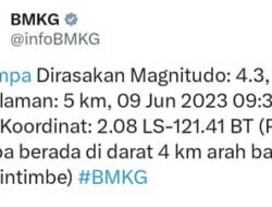 Gempa M 4,3 Guncang Bungintimbe Morowali Utara, Sulawesi Tengah