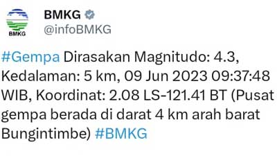 Gempa M 4,3 Guncang Bungintimbe Morowali Utara, Sulawesi Tengah 1 Gempa M 4,3 Guncang Bungintimbe Morowali Utara, Sulawesi Tengah