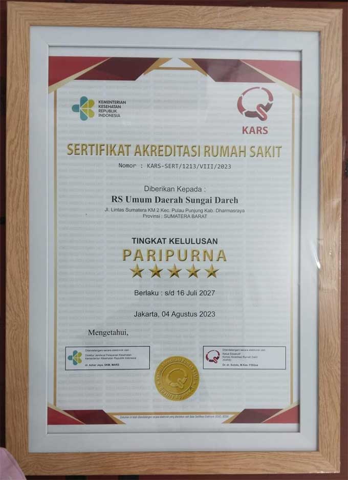 Alhamdulillah! RSUD Sungai Dareh Raih Akreditasi Paripurna dari KARS 2 Sertifikat Akreditasi paripurna RSUD Sungai Dareh