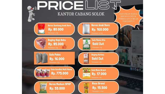 Meriahkan HUT Kabupaten Dharmasraya ke-20, Bulog Adakan Bazar Selama 2 Hari 1 Harga bahan pokok Bulog Kantor Cabang Solok