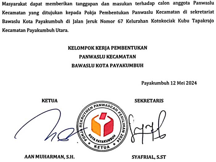 Pengumuman Hasil Seleksi Administrasi Calon Anggota Panwaslu Kecamatan untuk Kota Payakumbuh