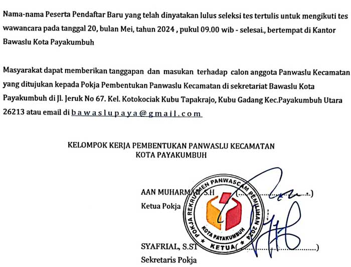 Pengumuman Hasil Tes Tertulis Seleksi Calon Anggota Panwaslu Kota Payakumbuh