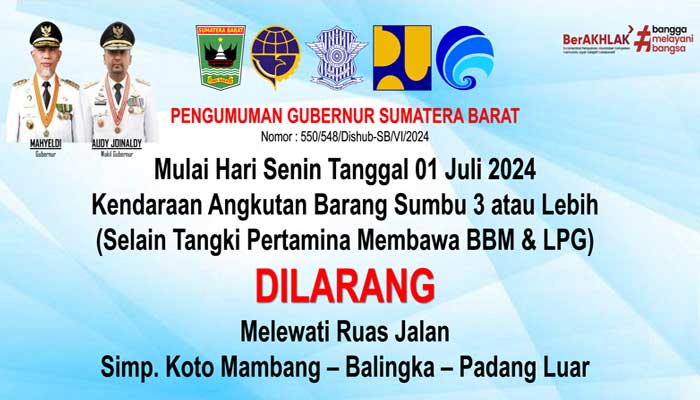 Pemprov Sumbar Batasi Angkutan Barang Melewati Ruas Jalan Sp. Koto Mambang-Balingka-Padang Lua Agam