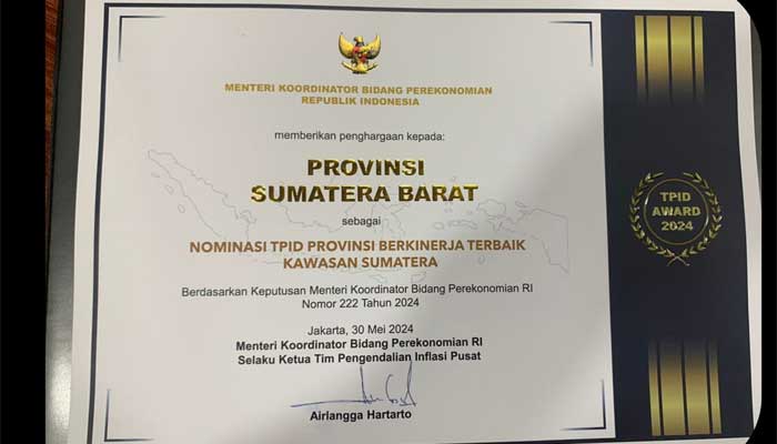 Pemprov Sumbar Terpilih Sebagai Nominator TPID Berkinerja Terbaik Kawasan Sumatera