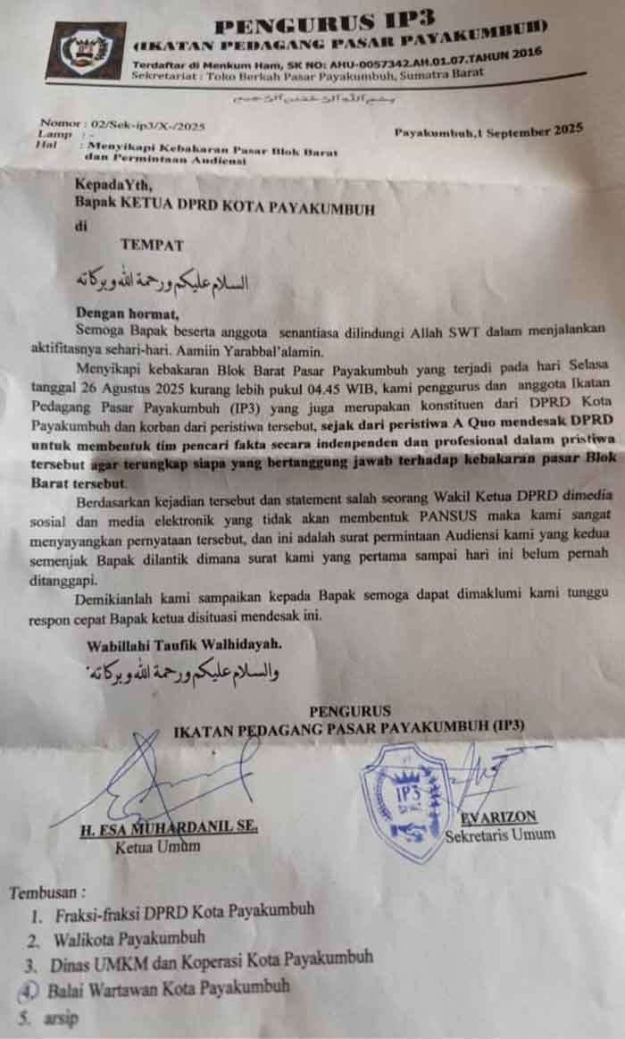 Surat Pengurus Ikatan Pedagang Pasar Payakumbuh (IP3)