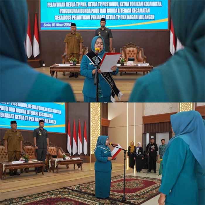 Ketua TP PKK Kabupaten Sijunjung, Ny. Nedia Fitri melantik Ketua TP PKK Kecamatan, Ketua TP Posyandu dan Ketua Forikan Kecamatan Koto VII, Kupitan, Lubuk Tarok dan Tanjung Gadang di Balairung Lansek Manih