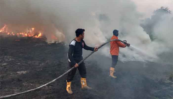 Petugas BPBD Muba sedang melakukan pemadaman Karhutbunla di Kecamatan Serasan Jaya