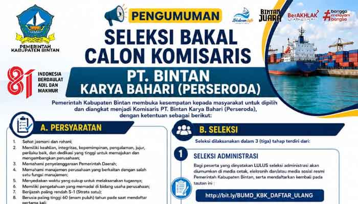 Pemkab Bintan Buka Seleksi Bakal Calon Komisaris dan Direktur BUMD PT Bintan Karya Bahari