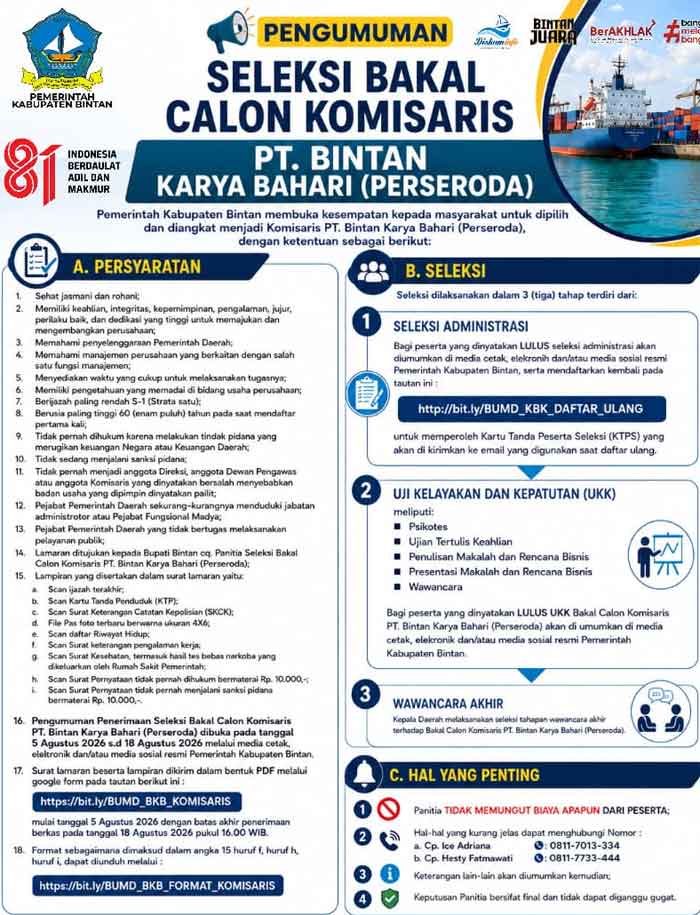 Pemkab Bintan Buka Seleksi Bakal Calon Komisaris dan Direktur BUMD PT Bintan Karya Bahari